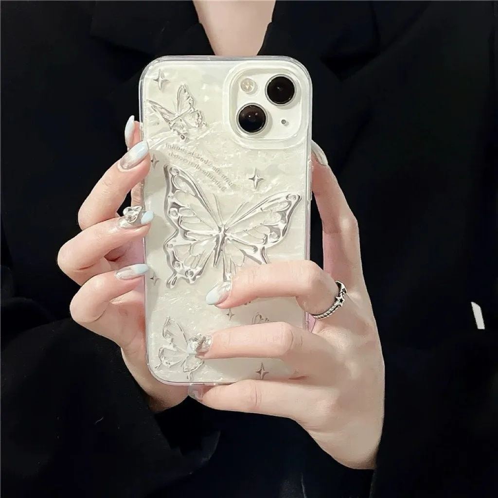 Cute White Pearlescent Holographic with Silver Gray Butterflies Print Design Protective Phone Case for iPhone 11 12 13 14 15 Pro Max