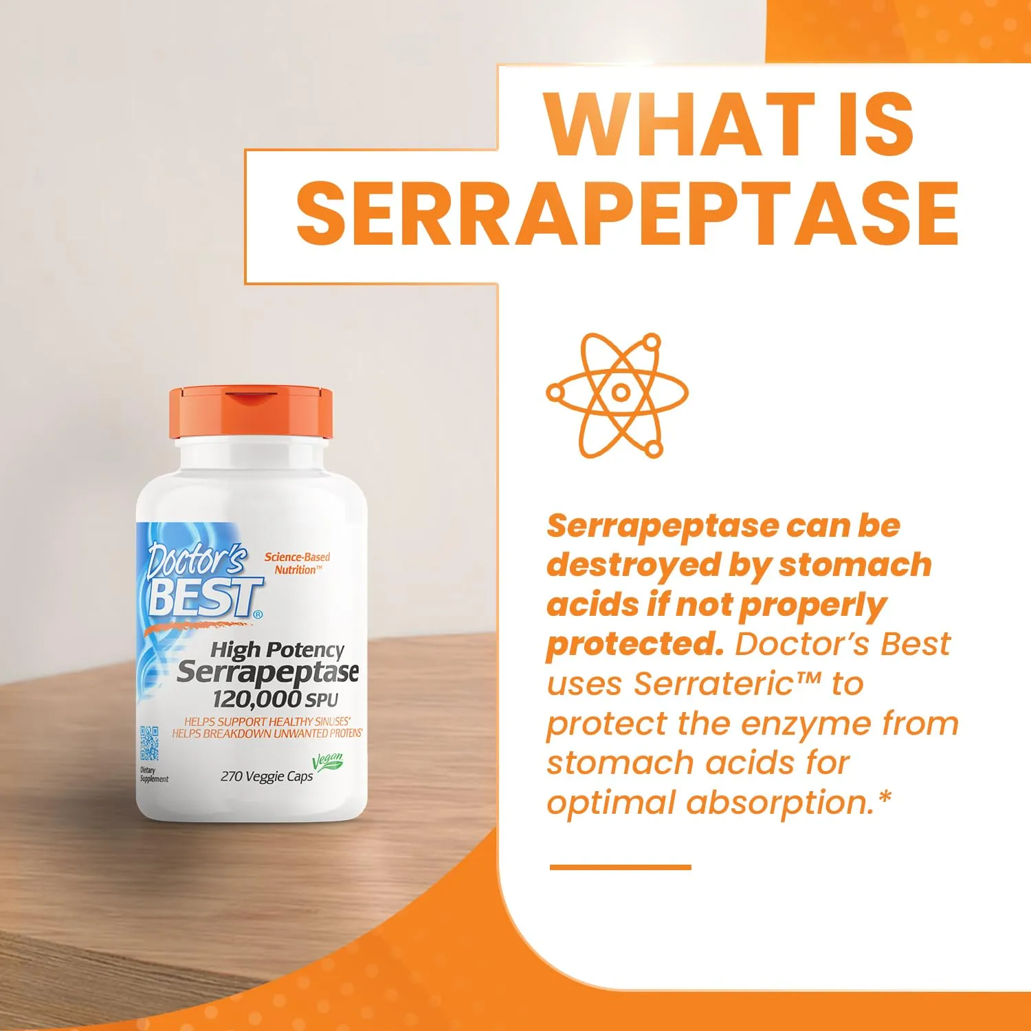 Doctor's Best High Potency Serrapeptase 120,000 SPU 270 Veggie Caps