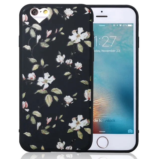 For iPhone 5 5s SE 6 6s 7 7 Plus Phone Case Love Heart Retro Flower Green Leaves Soft TPU Phone Back Cover Cases for iphone 7