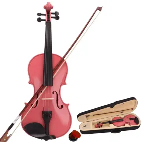 Full Size 4/4 Acoustic Violin Set Vintage Solid Wood Violin Starter Kit with Carrying Case (PINK)