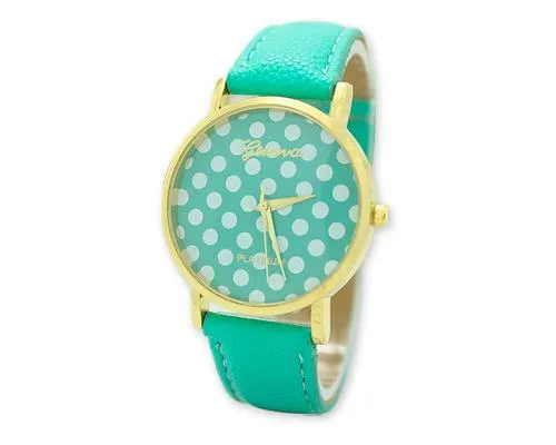 Geneva Women Candy Color Polka Dots Leather Alloy Wrist Watch