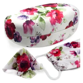 Hard Floral Sunglasses Case with Drawstring Pouch and Cleaning Cloth - Medium & Large Frames (AS413 Cranberry Rose)