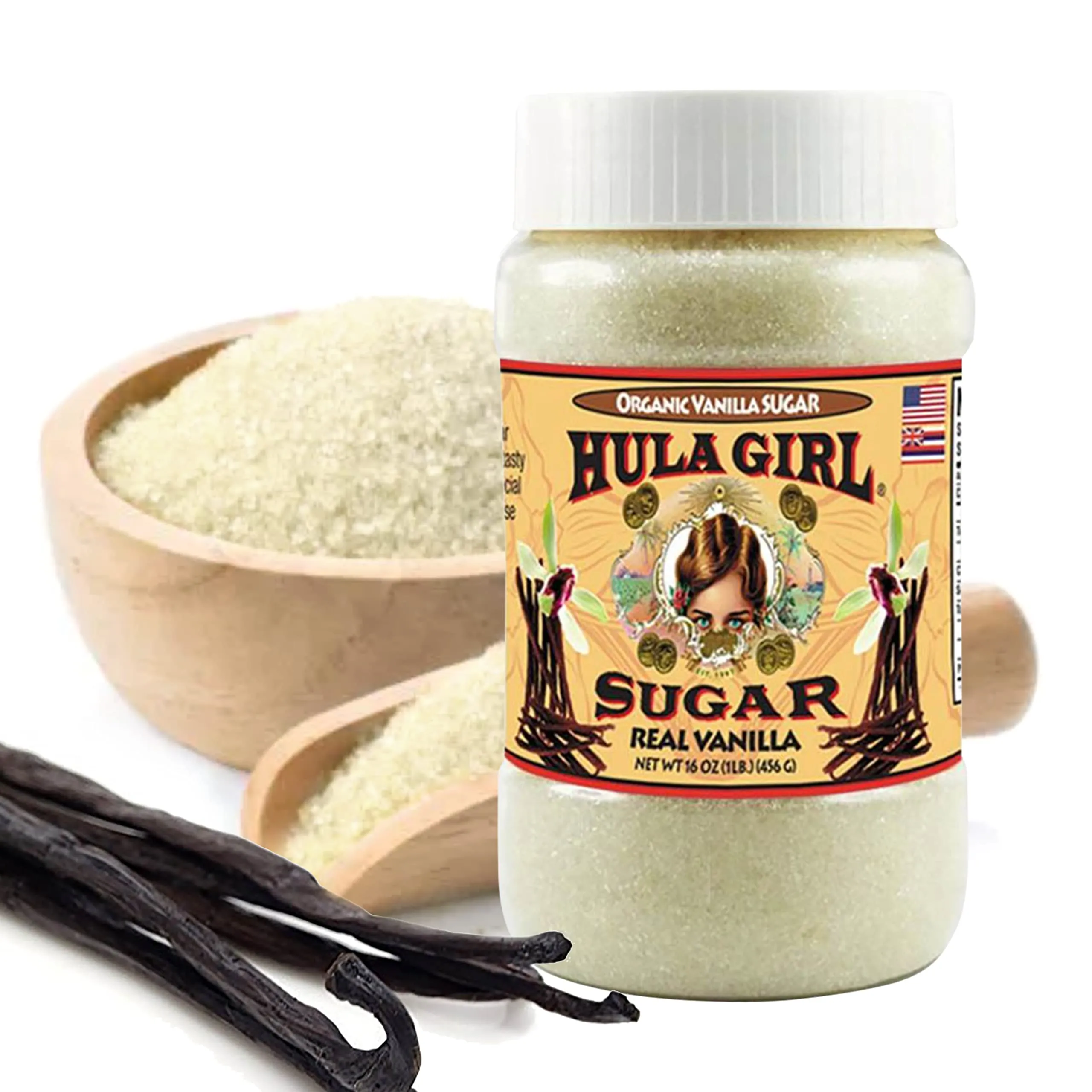 Hula Girl Organic Vanilla Sugar 16oz Jar Infused with Fresh Vanilla Beans