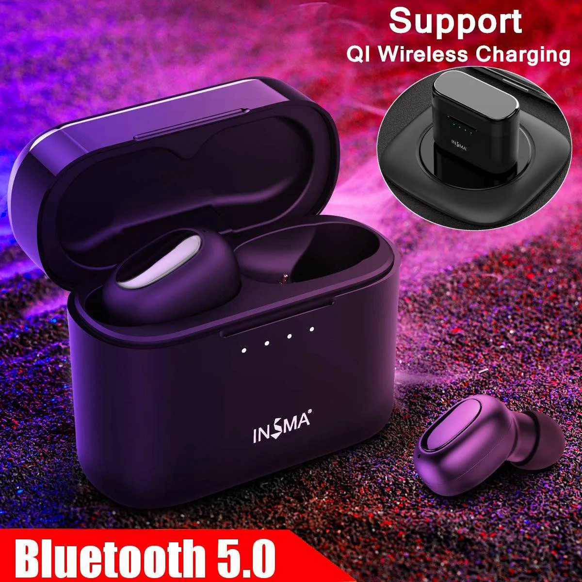 INSMA AirBuds  with QI Charging Case Mini TWS Earphone bluetooth 5.0 Earbuds Hi-Fi Stereo Wireless Headset Black