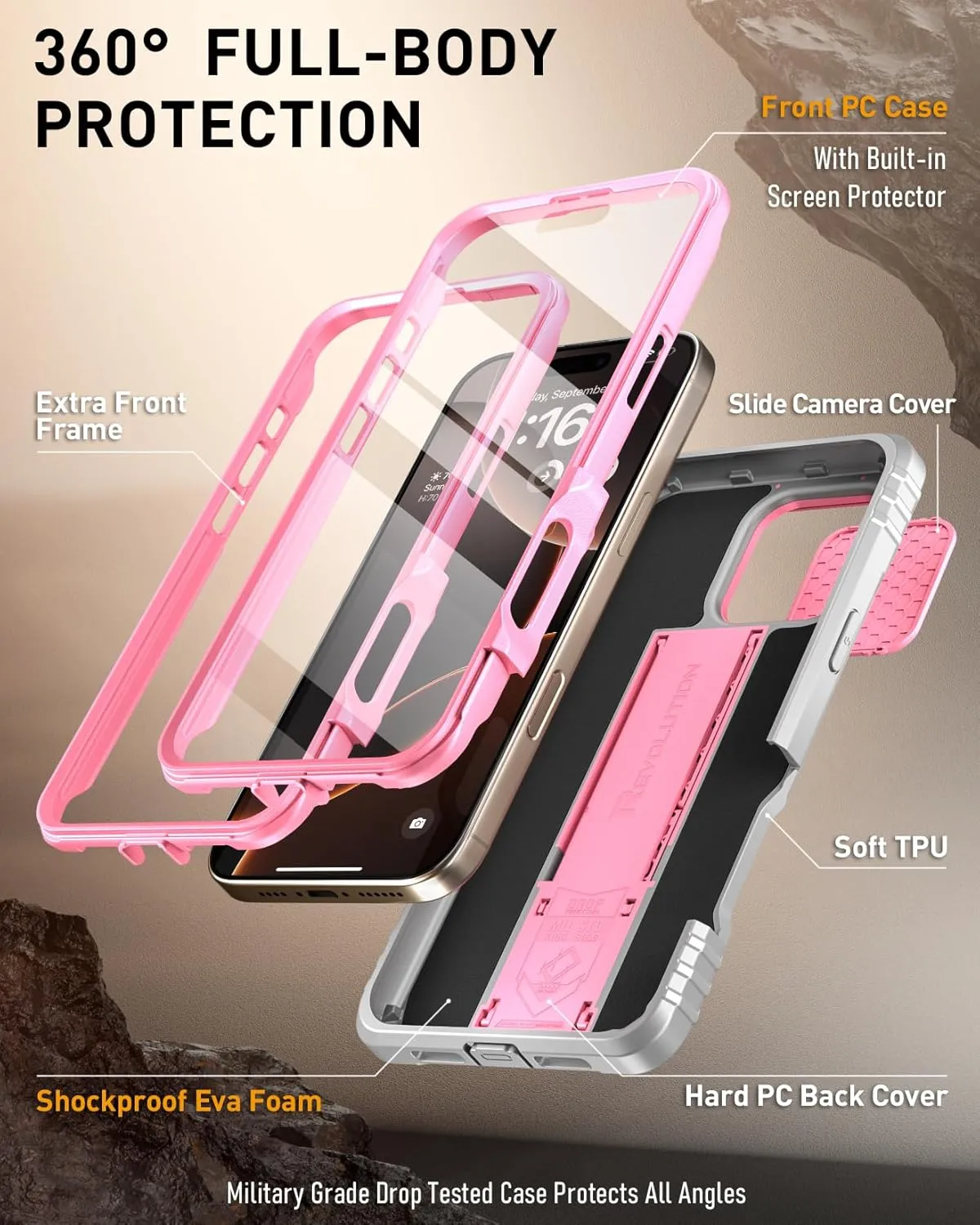 iPhone 16 Pro 6.3 inch Full-Body Military Grade Rugged Shockproof Cover Black