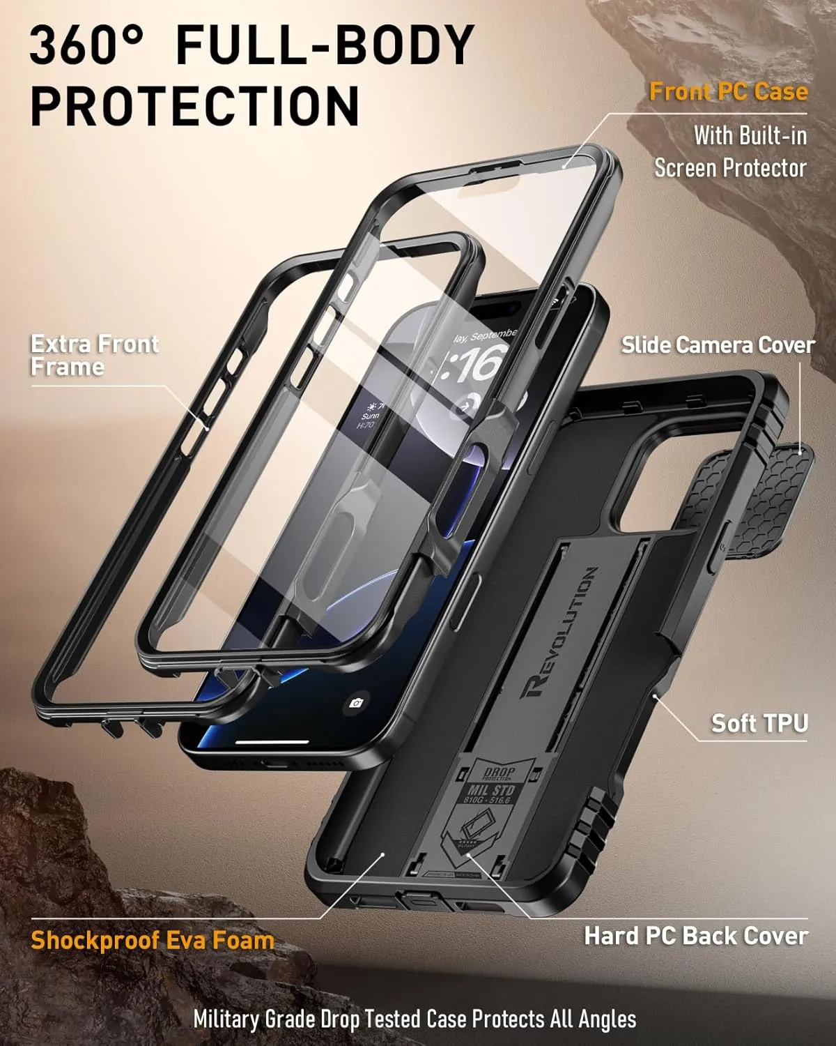 iPhone 16 Pro 6.3 inch Full-Body Military Grade Rugged Shockproof Cover Black