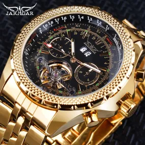 Jaragar Tourbillion Black Golden Clock Big Dial Calendar Display Steampunk Mechanical Watch