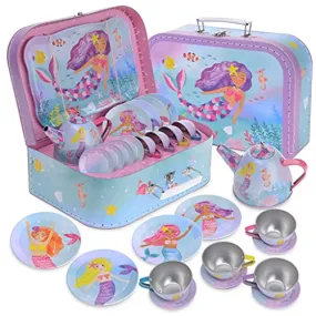 Jewelkeeper 15piece Mermaid Tin Tea Set Pretend Toy With Carrying Case Kids Gift