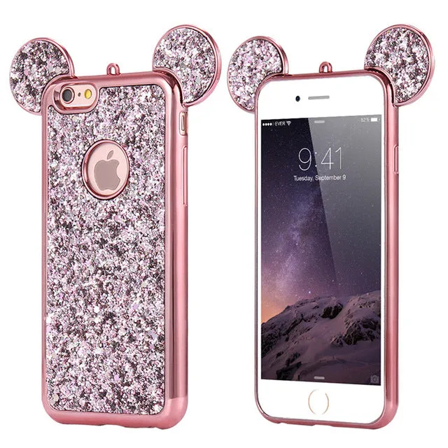 KISSCASE For iPhone 6 6s 3D Cartoon Case Glitter Sequin Mouse Ear Cover For iPhone 7 6 6s Plus 5 5s Silicone Phone Cases Coque