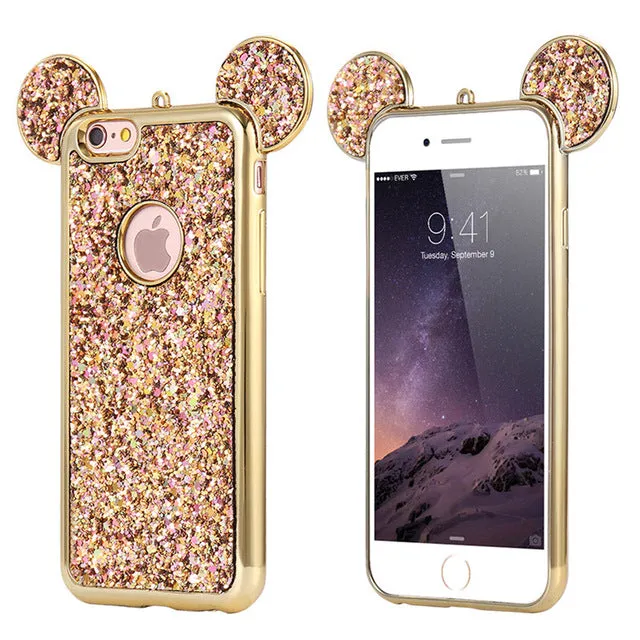 KISSCASE For iPhone 6 6s 3D Cartoon Case Glitter Sequin Mouse Ear Cover For iPhone 7 6 6s Plus 5 5s Silicone Phone Cases Coque