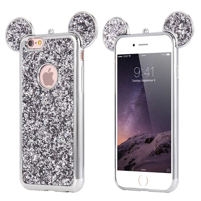 KISSCASE For iPhone 6 6s 3D Cartoon Case Glitter Sequin Mouse Ear Cover For iPhone 7 6 6s Plus 5 5s Silicone Phone Cases Coque