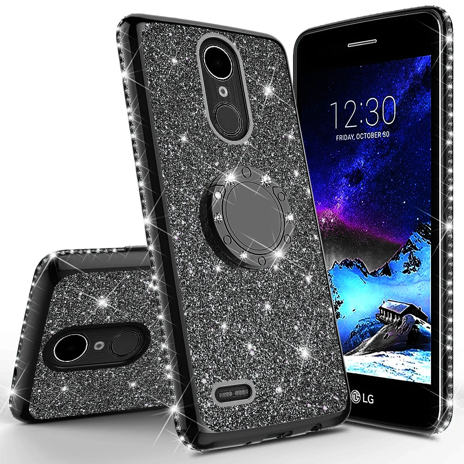 LG Stylo 4 Case, Stylo 4 Plus, Q Stylus, Glitter Cute Phone Case Girls Bling Diamond Rhinestone Ring Stand Luxury Clear Thin Soft Protective Cover for Girl Women - Black