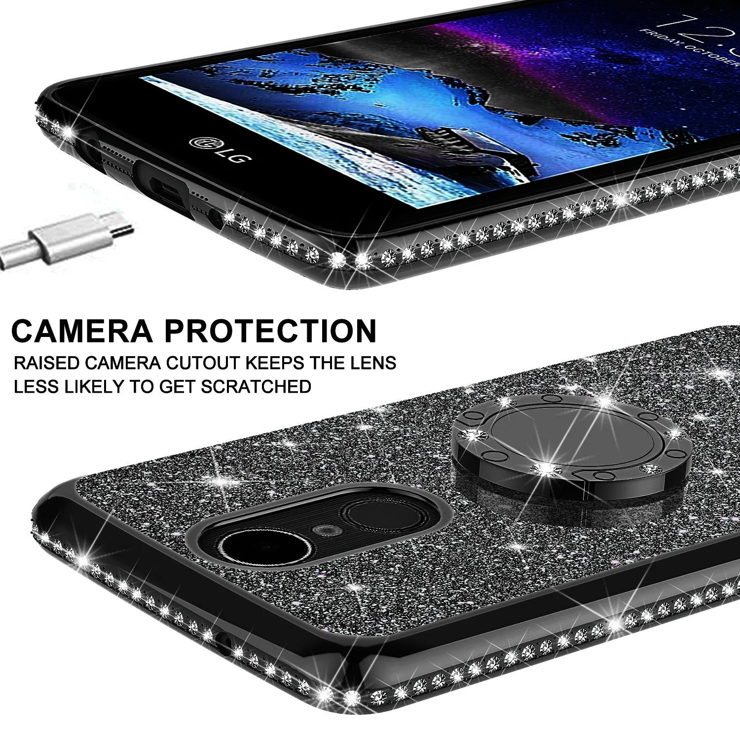 LG Stylo 4 Case, Stylo 4 Plus, Q Stylus, Glitter Cute Phone Case Girls Bling Diamond Rhinestone Ring Stand Luxury Clear Thin Soft Protective Cover for Girl Women - Black