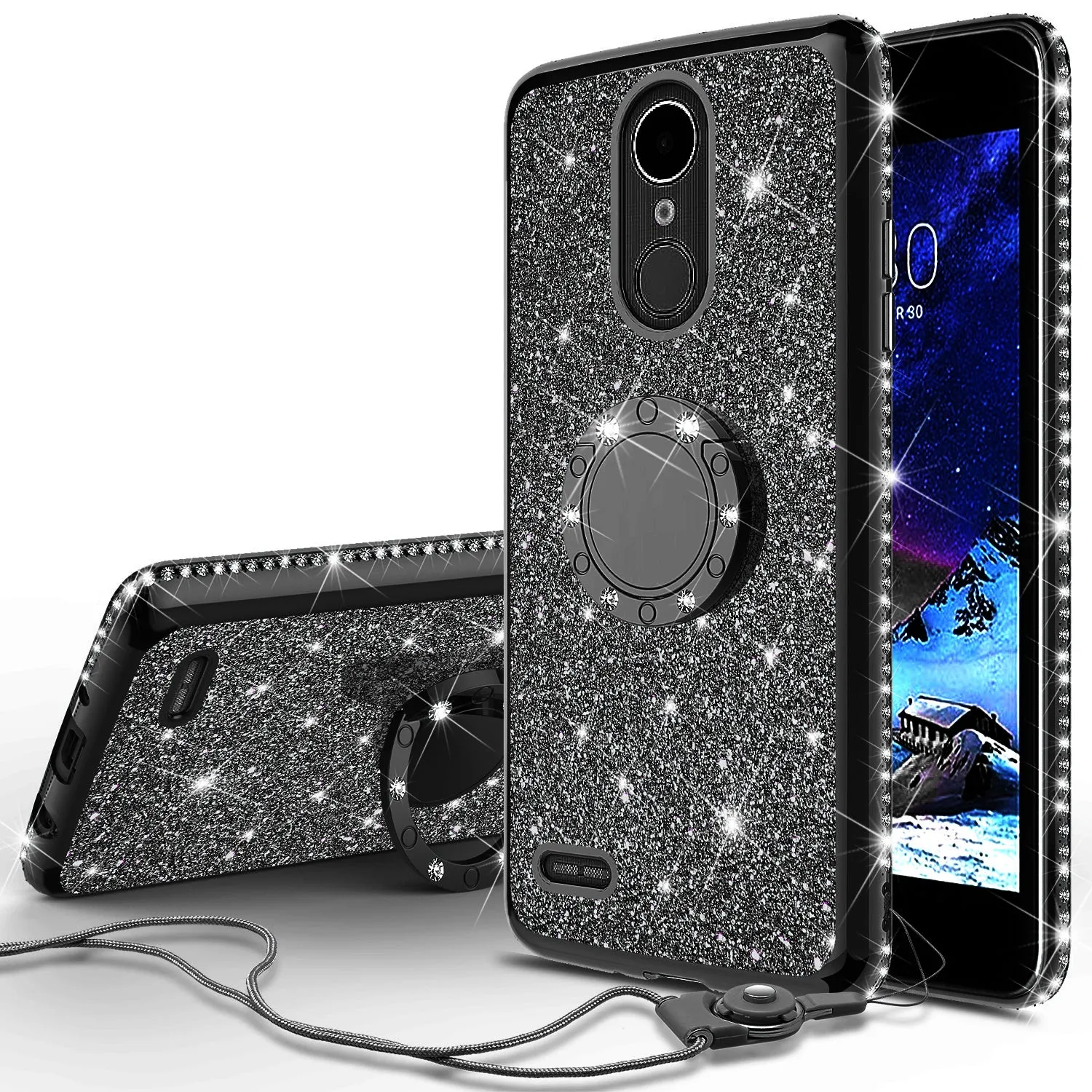 LG Stylo 4 Case, Stylo 4 Plus, Q Stylus, Glitter Cute Phone Case Girls Bling Diamond Rhinestone Ring Stand Luxury Clear Thin Soft Protective Cover for Girl Women - Black