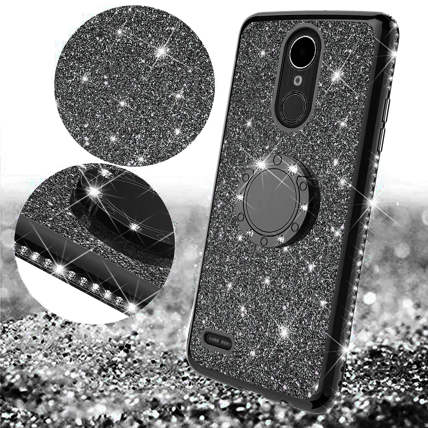 LG Stylo 4 Case, Stylo 4 Plus, Q Stylus, Glitter Cute Phone Case Girls Bling Diamond Rhinestone Ring Stand Luxury Clear Thin Soft Protective Cover for Girl Women - Black