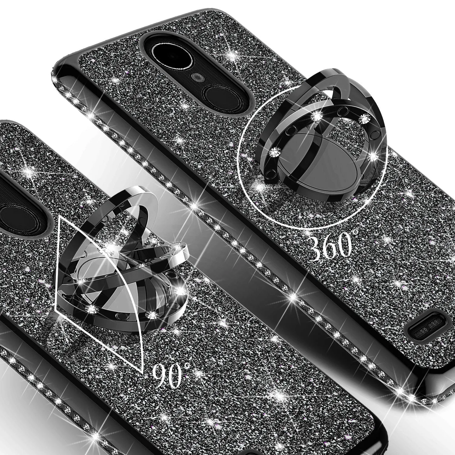 LG Stylo 4 Case, Stylo 4 Plus, Q Stylus, Glitter Cute Phone Case Girls Bling Diamond Rhinestone Ring Stand Luxury Clear Thin Soft Protective Cover for Girl Women - Black