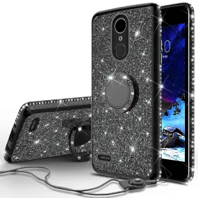 LG Stylo 4 Case, Stylo 4 Plus, Q Stylus, Glitter Cute Phone Case Girls Bling Diamond Rhinestone Ring Stand Luxury Clear Thin Soft Protective Cover for Girl Women - Black