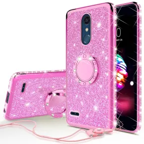 LG Stylo 4 Case, Stylo 4 Plus, Q Stylus, Glitter Cute Phone Case Girls Bling Diamond Rhinestone Ring Stand Luxury Clear Thin Soft Protective Cover for Girl Women - Hot Pink