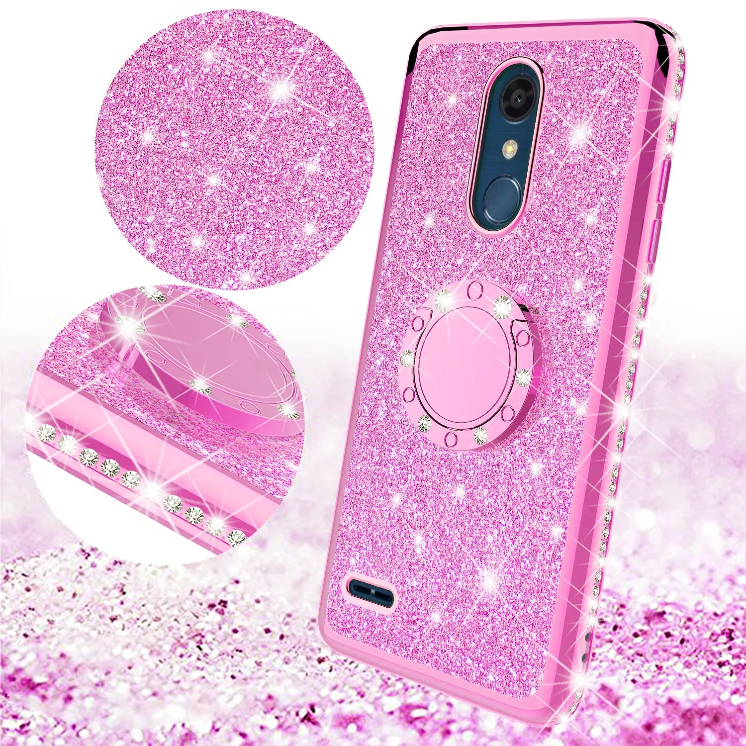 LG Stylo 4 Case, Stylo 4 Plus, Q Stylus, Glitter Cute Phone Case Girls Bling Diamond Rhinestone Ring Stand Luxury Clear Thin Soft Protective Cover for Girl Women - Hot Pink