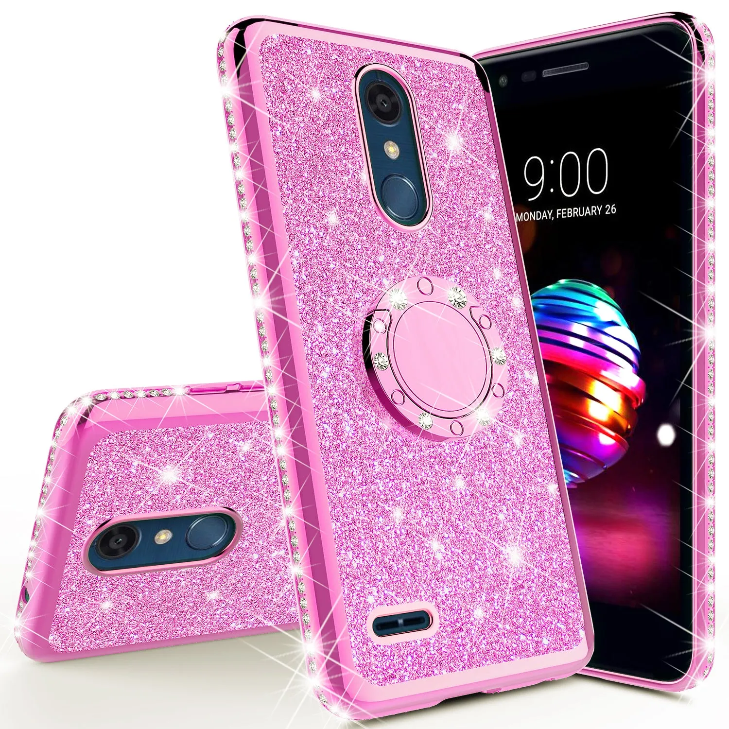 LG Stylo 4 Case, Stylo 4 Plus, Q Stylus, Glitter Cute Phone Case Girls Bling Diamond Rhinestone Ring Stand Luxury Clear Thin Soft Protective Cover for Girl Women - Hot Pink