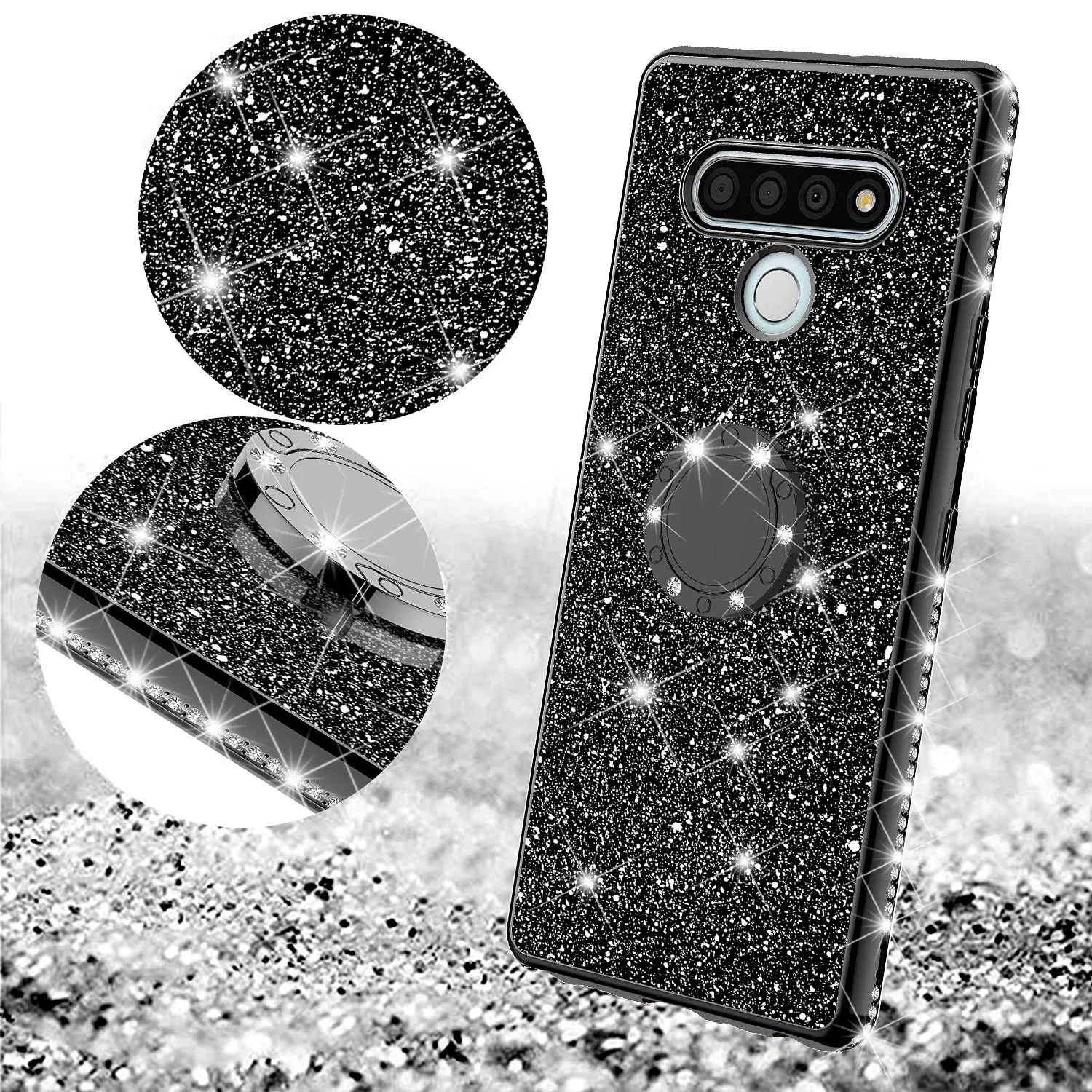 LG Stylo 6 Case, Glitter Cute Phone Case Girls with Kickstand,Bling Diamond Rhinestone Bumper Ring Stand Sparkly Luxury Clear Thin Soft Protective LG Stylo 6 Case for Girl Women - Black