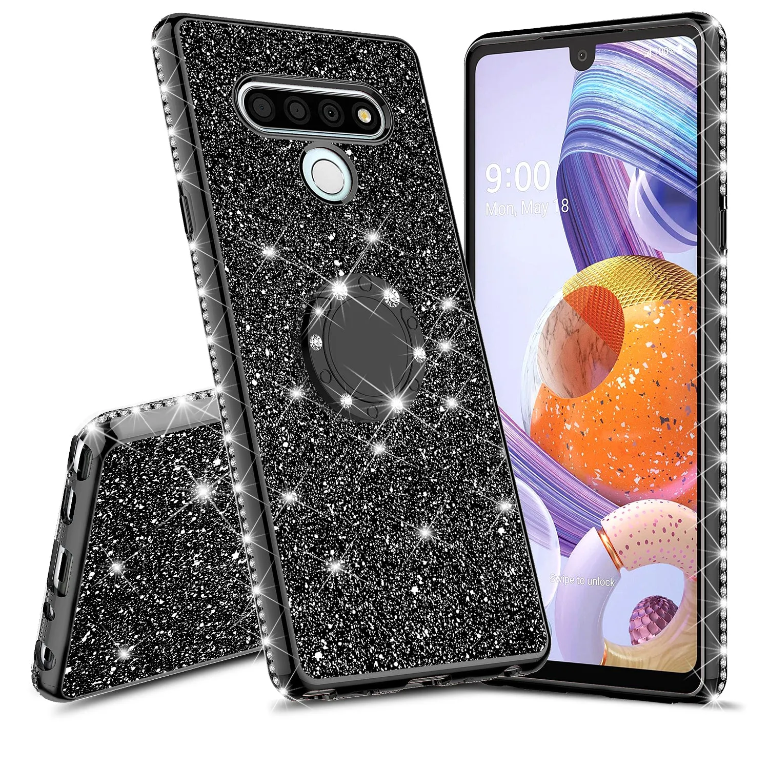 LG Stylo 6 Case, Glitter Cute Phone Case Girls with Kickstand,Bling Diamond Rhinestone Bumper Ring Stand Sparkly Luxury Clear Thin Soft Protective LG Stylo 6 Case for Girl Women - Black