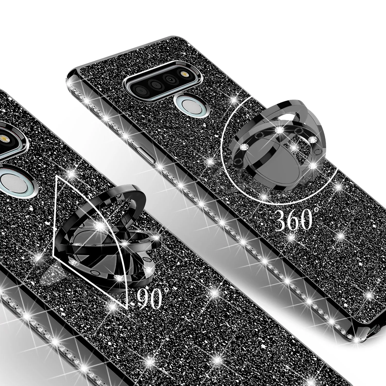 LG Stylo 6 Case, Glitter Cute Phone Case Girls with Kickstand,Bling Diamond Rhinestone Bumper Ring Stand Sparkly Luxury Clear Thin Soft Protective LG Stylo 6 Case for Girl Women - Black