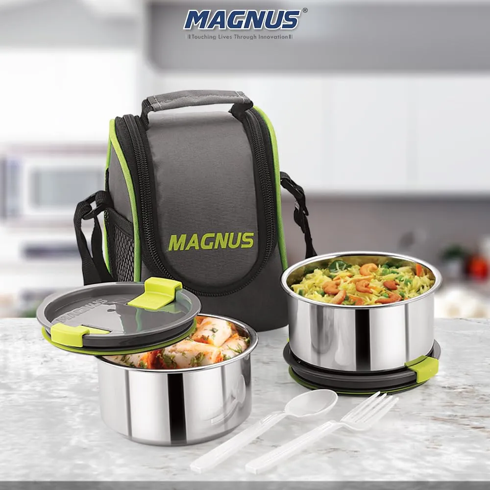 Magnus Opal 2 Stainless Steel Lunchbox Set with Bag - Leak-Proof, Insulated Lunch Box for Kids and Adults - 2 x 350ml Containers with Smart STEAM Lock - Ideal Lunch Boxes for Office Men, Women, School