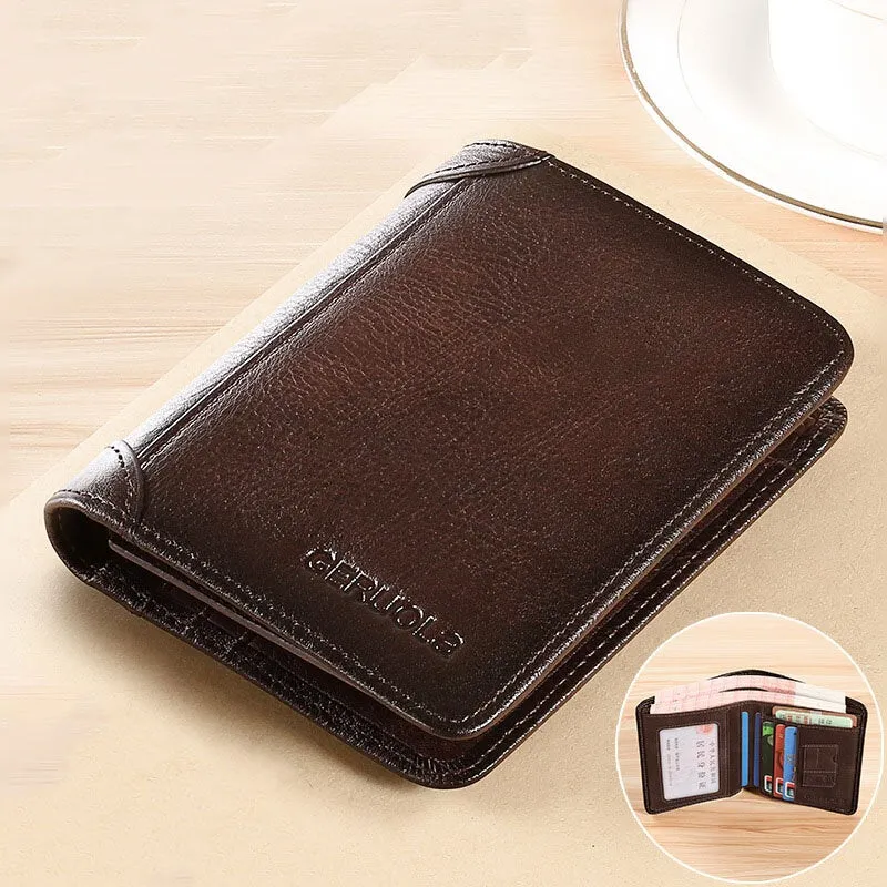 Men Short Ultra-thin First Layer Cowhide RFID Anti-magnetic Wallet Retro Multi-card Slot Card Holder Coin Purse