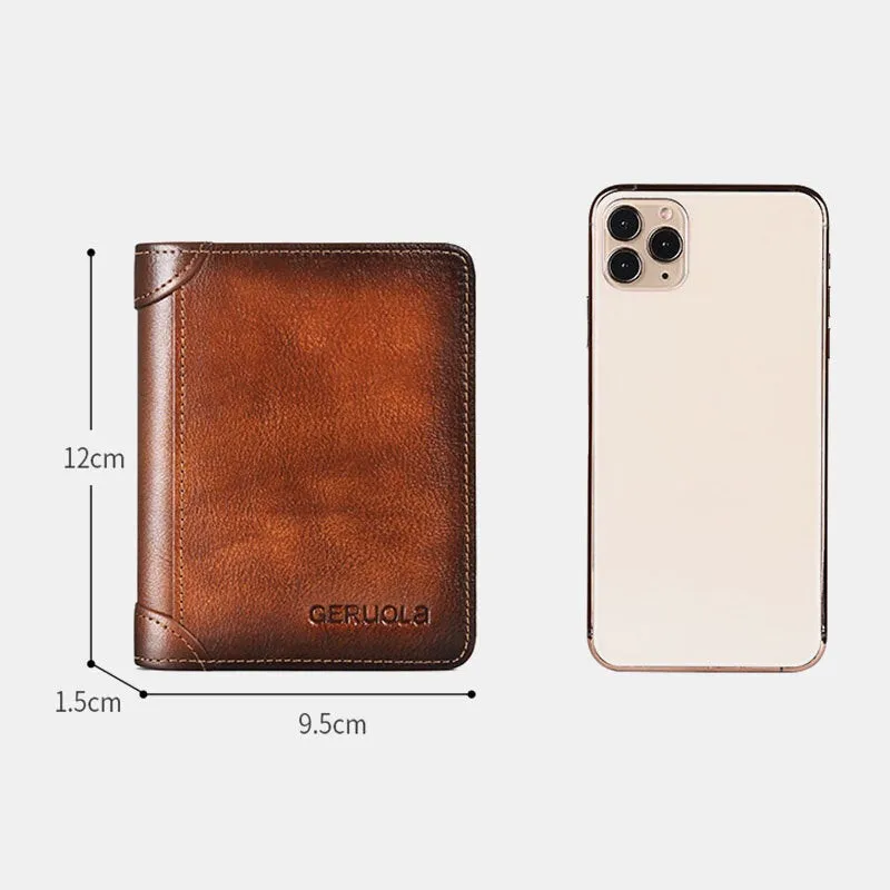 Men Short Ultra-thin First Layer Cowhide RFID Anti-magnetic Wallet Retro Multi-card Slot Card Holder Coin Purse