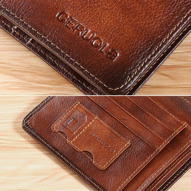 Men Short Ultra-thin First Layer Cowhide RFID Anti-magnetic Wallet Retro Multi-card Slot Card Holder Coin Purse