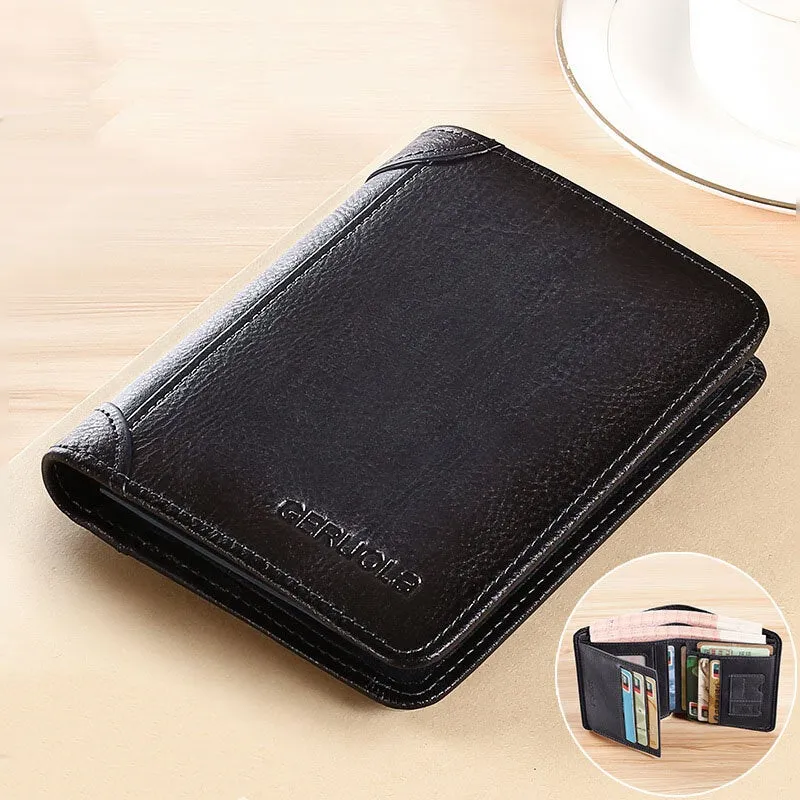 Men Short Ultra-thin First Layer Cowhide RFID Anti-magnetic Wallet Retro Multi-card Slot Card Holder Coin Purse