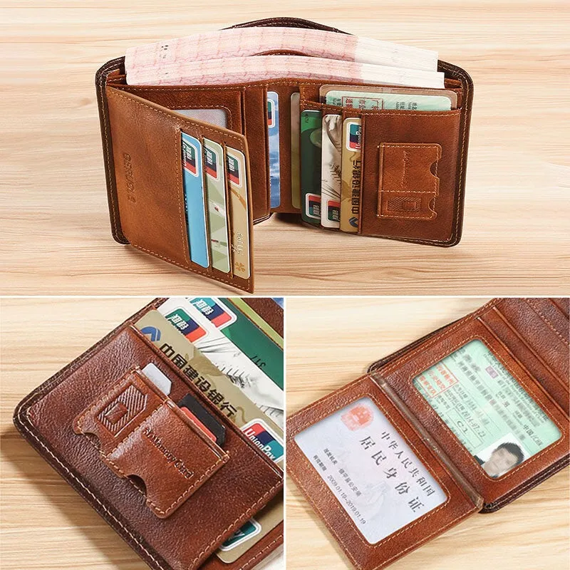 Men Short Ultra-thin First Layer Cowhide RFID Anti-magnetic Wallet Retro Multi-card Slot Card Holder Coin Purse