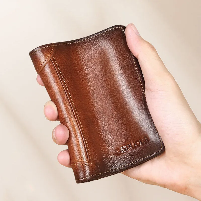 Men Short Ultra-thin First Layer Cowhide RFID Anti-magnetic Wallet Retro Multi-card Slot Card Holder Coin Purse