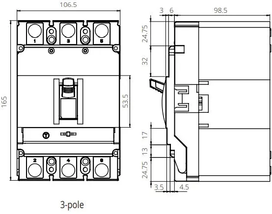 MOD2 3NL 160A, 3 Pole Moulded Case Circuit Breaker (MCCB) Thermal and Magnetic Release Adjustable Type 36kA 160 Amp, 400/690VAC