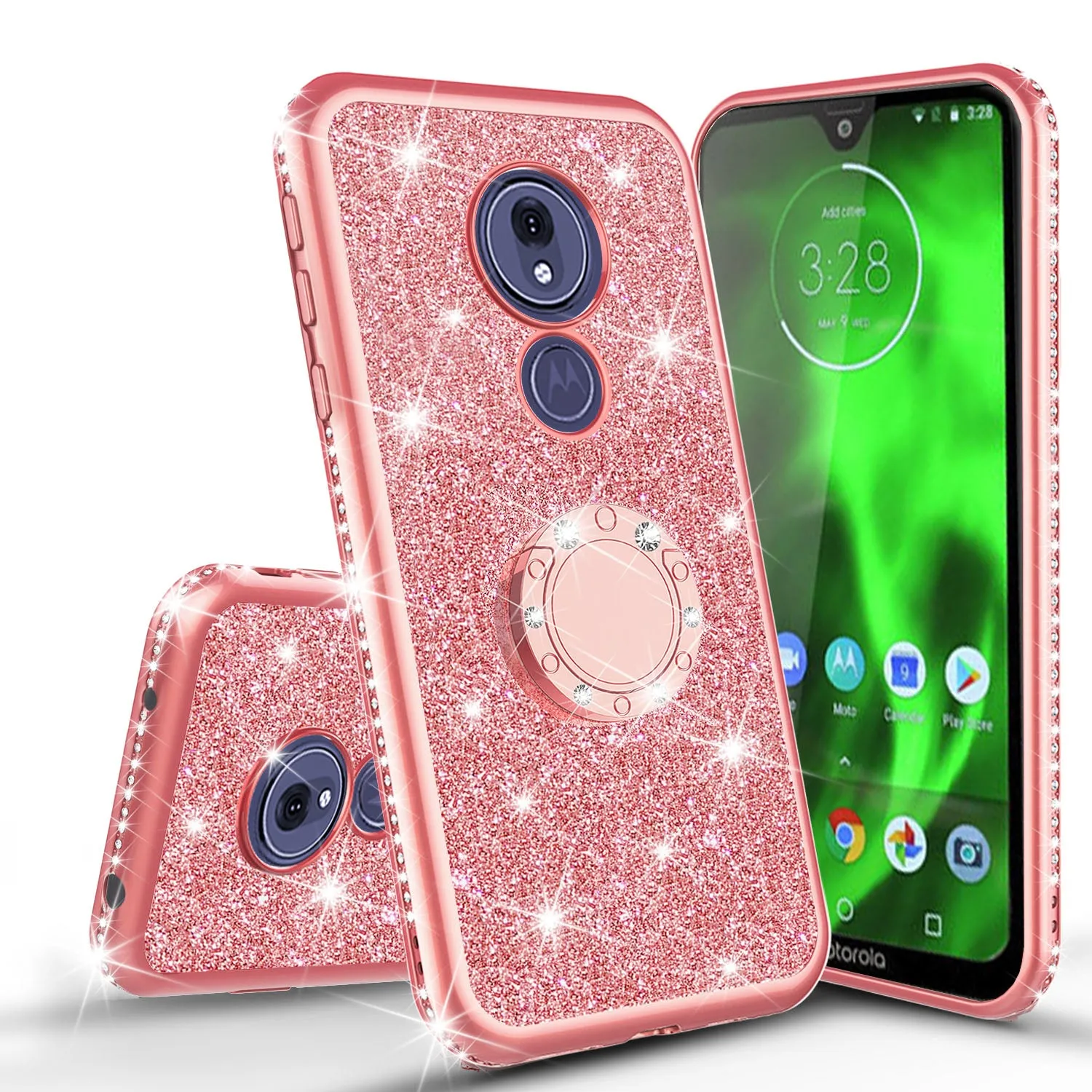 Motorola Moto G7 Power/G7 Supra/G7 Optimo Maxx Glitter Cute Phone Case Girls Bling Diamond Rhinestone Ring Stand Luxury Clear Thin Soft Protective Cover for Girl Women - Rose Gold