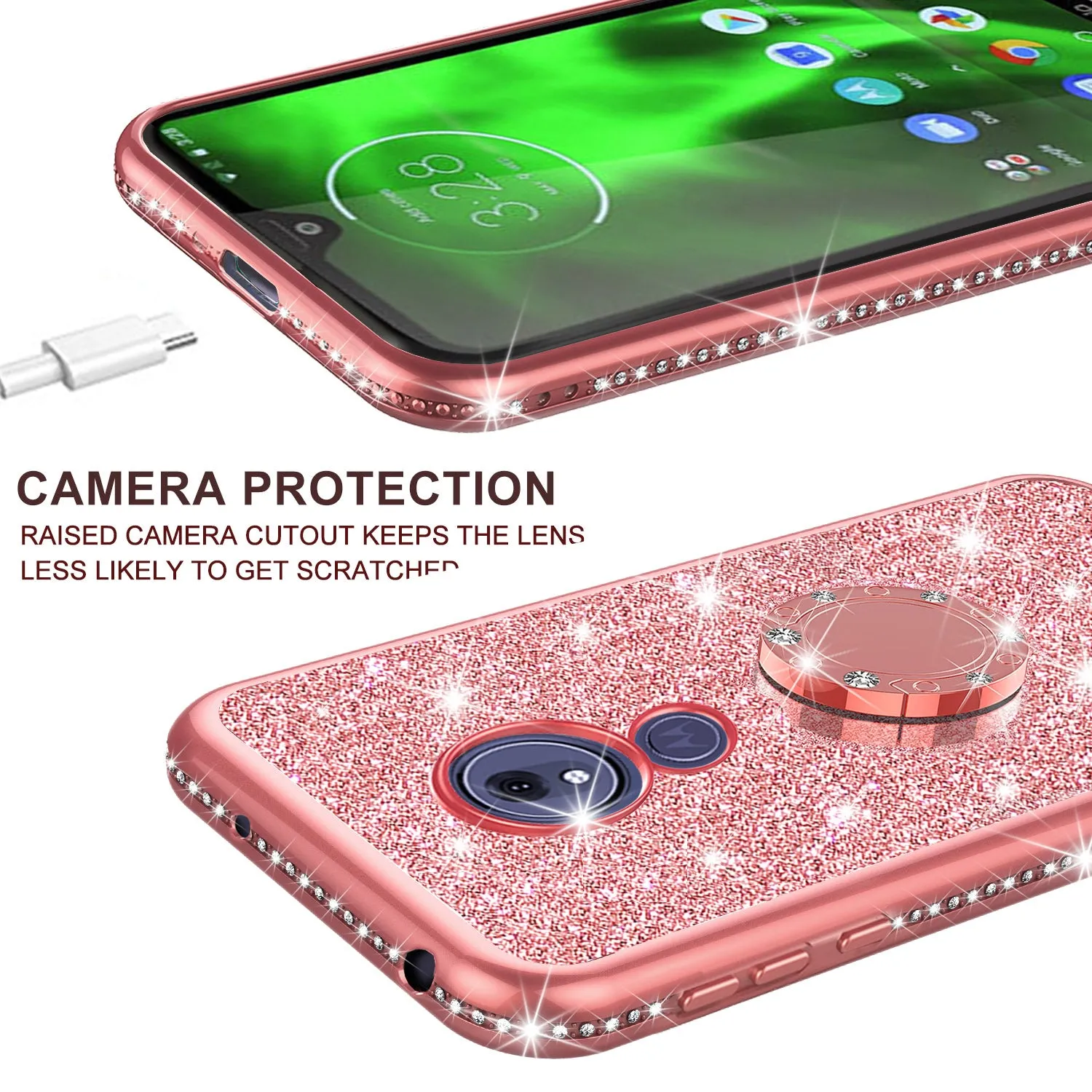 Motorola Moto G7 Power/G7 Supra/G7 Optimo Maxx Glitter Cute Phone Case Girls Bling Diamond Rhinestone Ring Stand Luxury Clear Thin Soft Protective Cover for Girl Women - Rose Gold