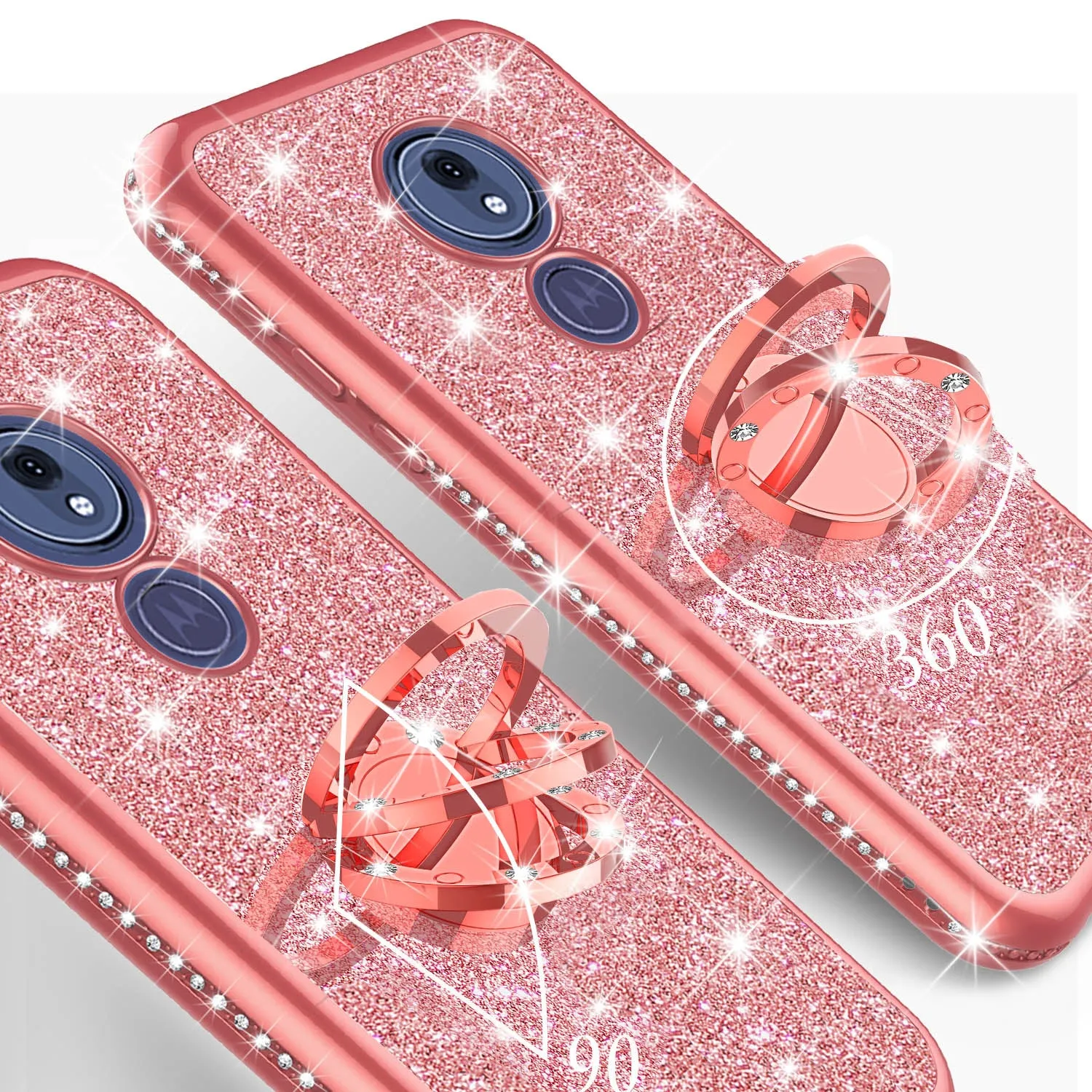 Motorola Moto G7 Power/G7 Supra/G7 Optimo Maxx Glitter Cute Phone Case Girls Bling Diamond Rhinestone Ring Stand Luxury Clear Thin Soft Protective Cover for Girl Women - Rose Gold