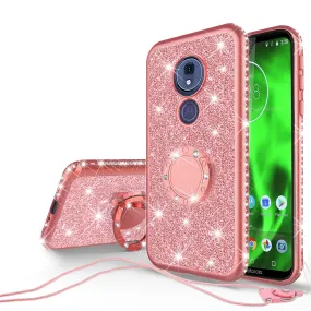 Motorola Moto G7 Power/G7 Supra/G7 Optimo Maxx Glitter Cute Phone Case Girls Bling Diamond Rhinestone Ring Stand Luxury Clear Thin Soft Protective Cover for Girl Women - Rose Gold