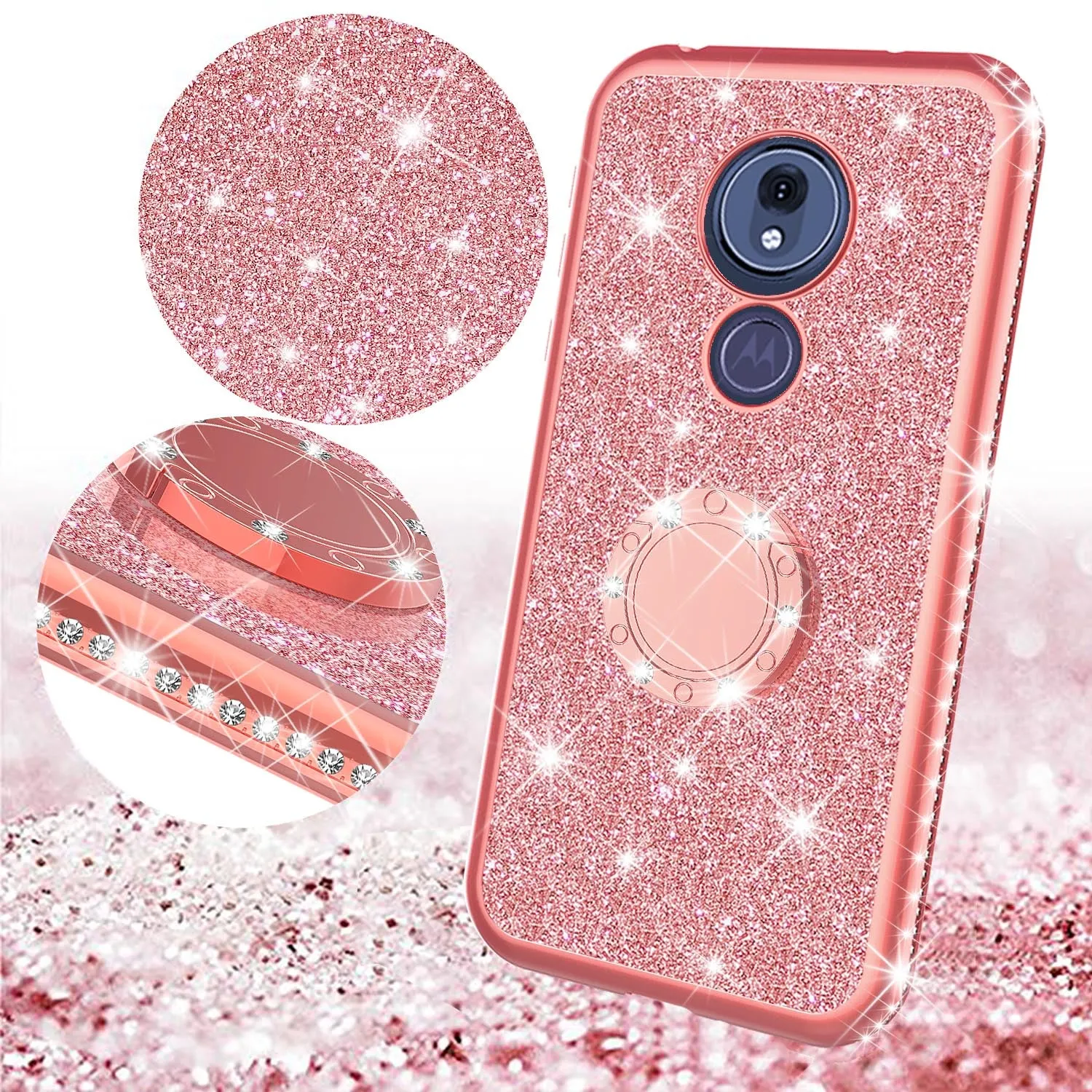 Motorola Moto G7 Power/G7 Supra/G7 Optimo Maxx Glitter Cute Phone Case Girls Bling Diamond Rhinestone Ring Stand Luxury Clear Thin Soft Protective Cover for Girl Women - Rose Gold