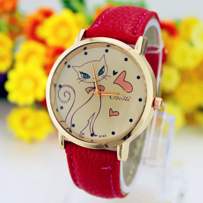 New Fashion Relogio Women Watch Ladies Vintage Flower Watch Cat Leather Quartz Clock Casual Dress Reloj