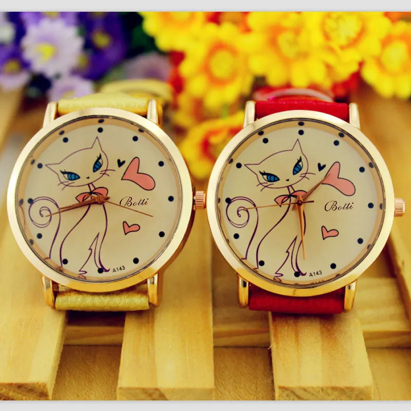 New Fashion Relogio Women Watch Ladies Vintage Flower Watch Cat Leather Quartz Clock Casual Dress Reloj