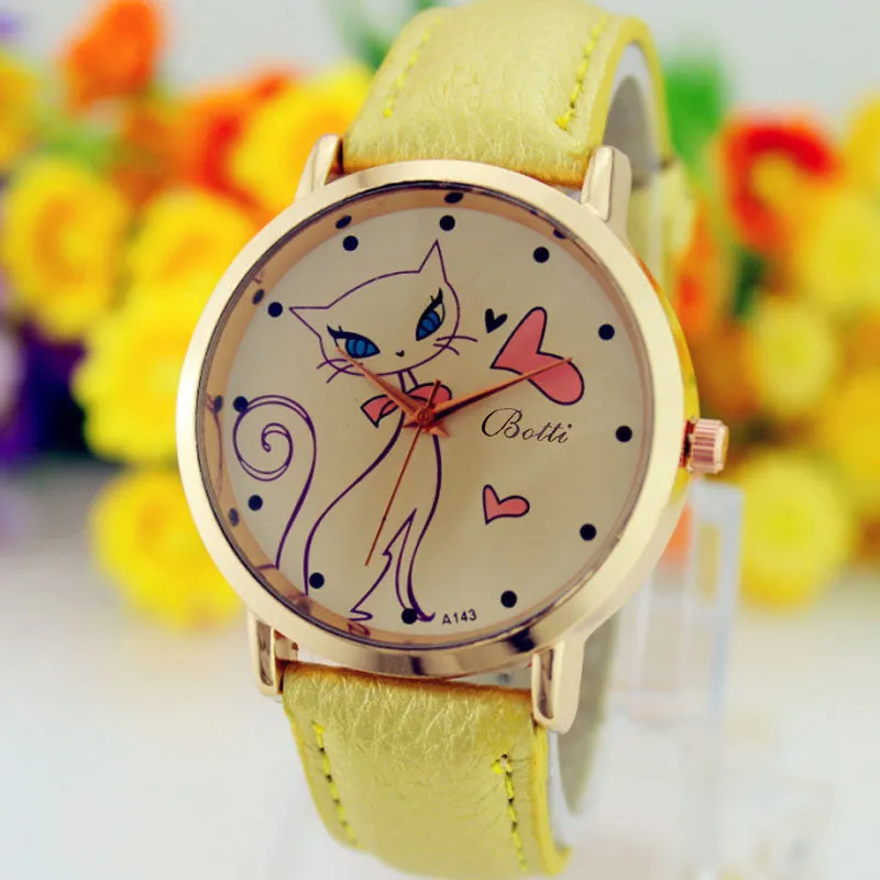 New Fashion Relogio Women Watch Ladies Vintage Flower Watch Cat Leather Quartz Clock Casual Dress Reloj