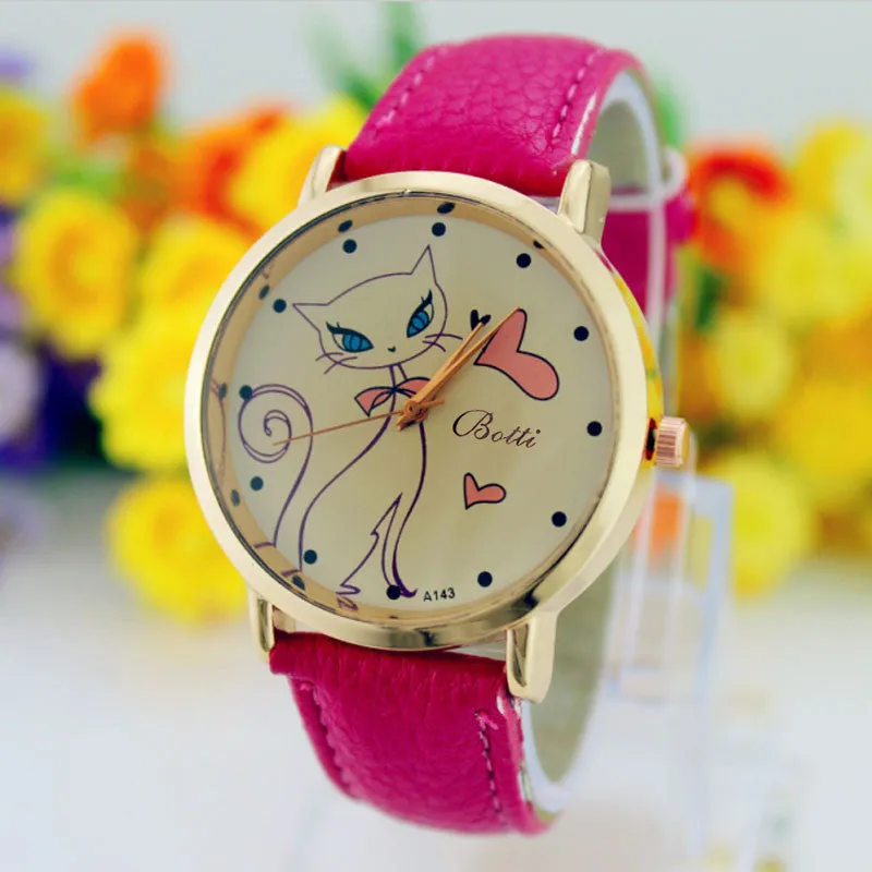 New Fashion Relogio Women Watch Ladies Vintage Flower Watch Cat Leather Quartz Clock Casual Dress Reloj