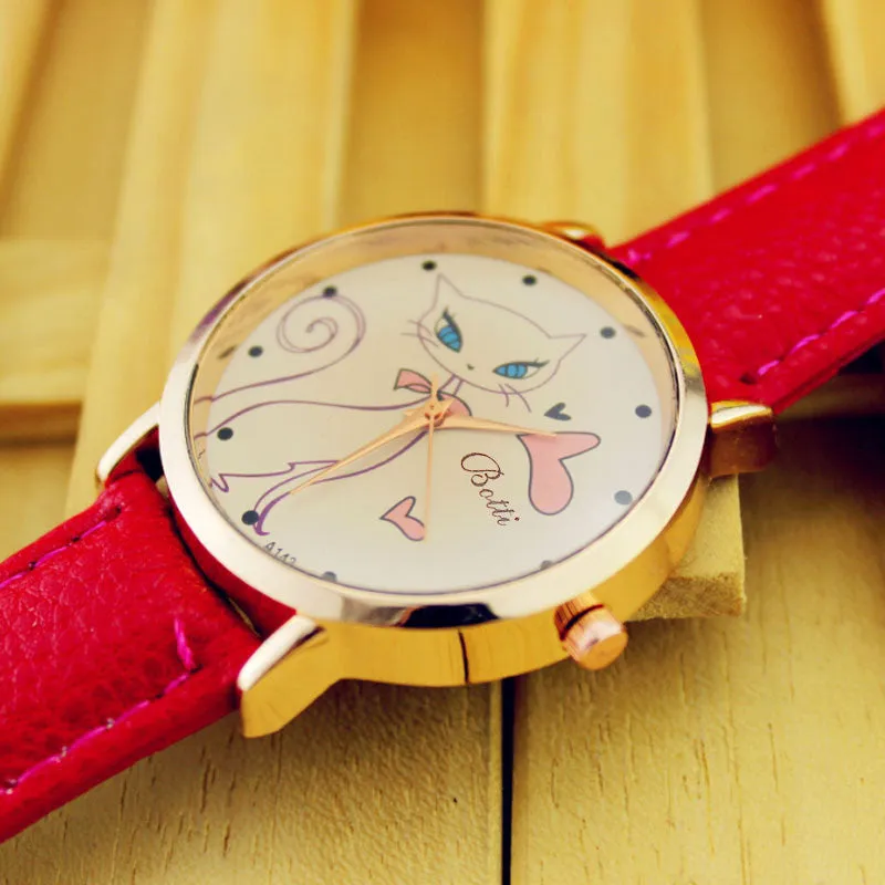 New Fashion Relogio Women Watch Ladies Vintage Flower Watch Cat Leather Quartz Clock Casual Dress Reloj