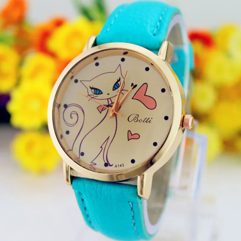 New Fashion Relogio Women Watch Ladies Vintage Flower Watch Cat Leather Quartz Clock Casual Dress Reloj