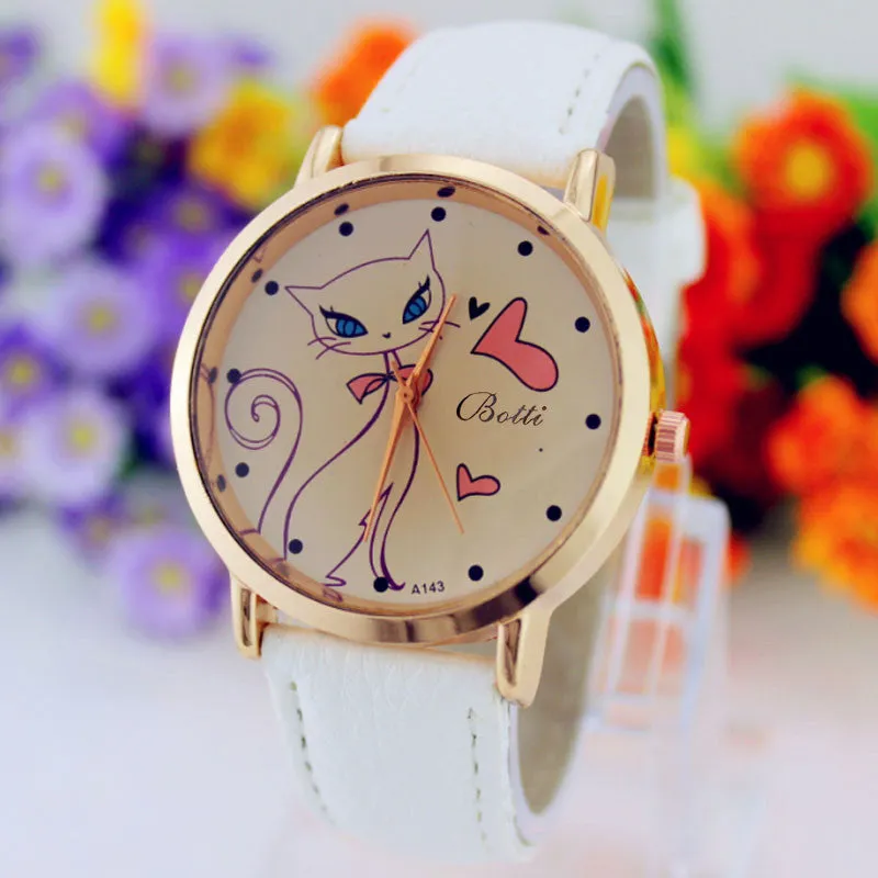 New Fashion Relogio Women Watch Ladies Vintage Flower Watch Cat Leather Quartz Clock Casual Dress Reloj