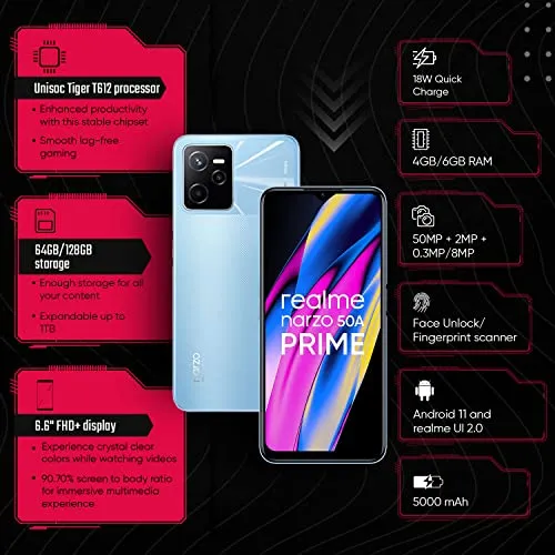 Realme narzo 50A Prime (Flash Blue, 4GB RAM 64GB Storage) FHD  Display | 50MP AI Triple Camera (No Charger Variant)