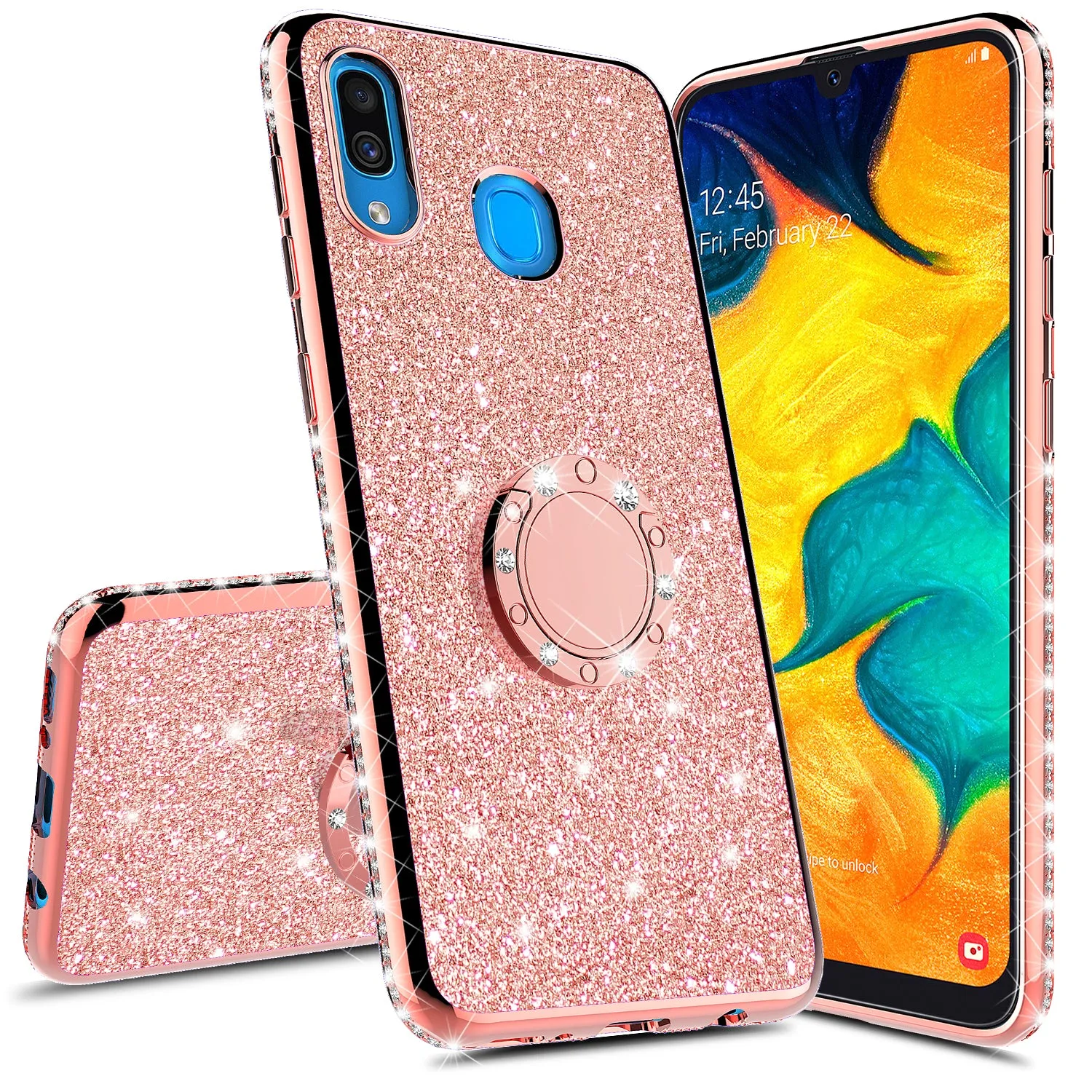 Samsung Galaxy A20 Case, Glitter Cute Phone Case Girls with Kickstand,Bling Diamond Rhinestone Bumper Ring Stand Sparkly Luxury Clear Thin Soft Protective Samsung Galaxy A20 Case for Girl Women - Rose Gold