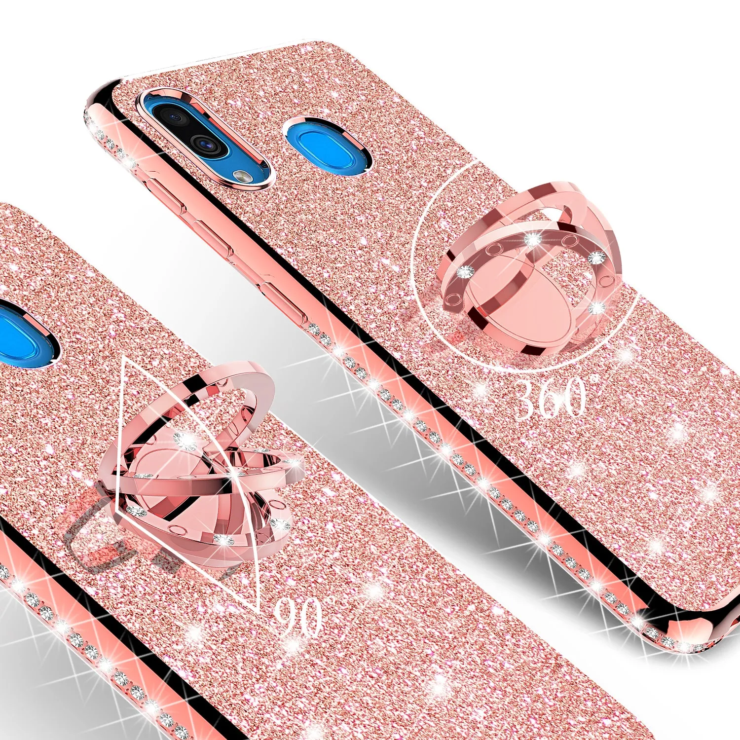 Samsung Galaxy A20 Case, Glitter Cute Phone Case Girls with Kickstand,Bling Diamond Rhinestone Bumper Ring Stand Sparkly Luxury Clear Thin Soft Protective Samsung Galaxy A20 Case for Girl Women - Rose Gold